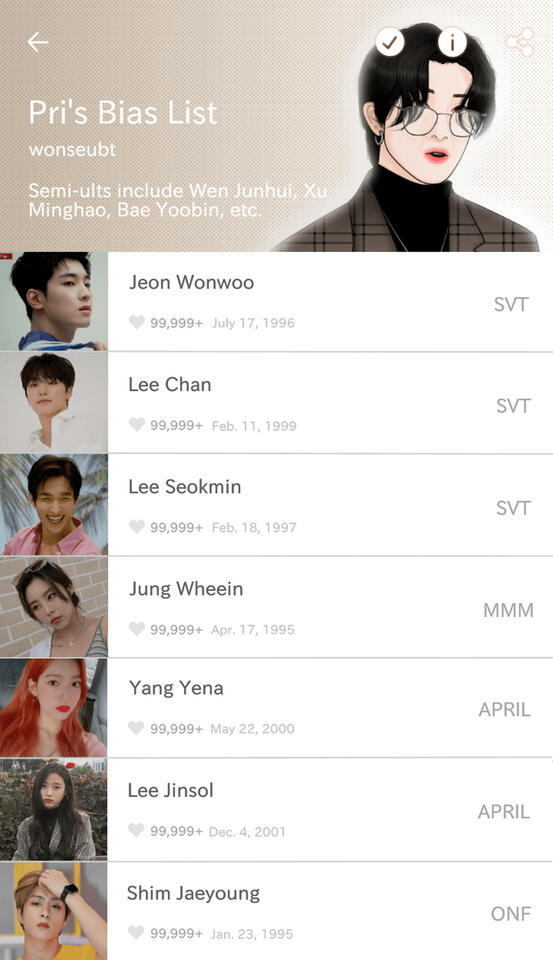 pri's bias list that was inspired by the webtoon app's interface.